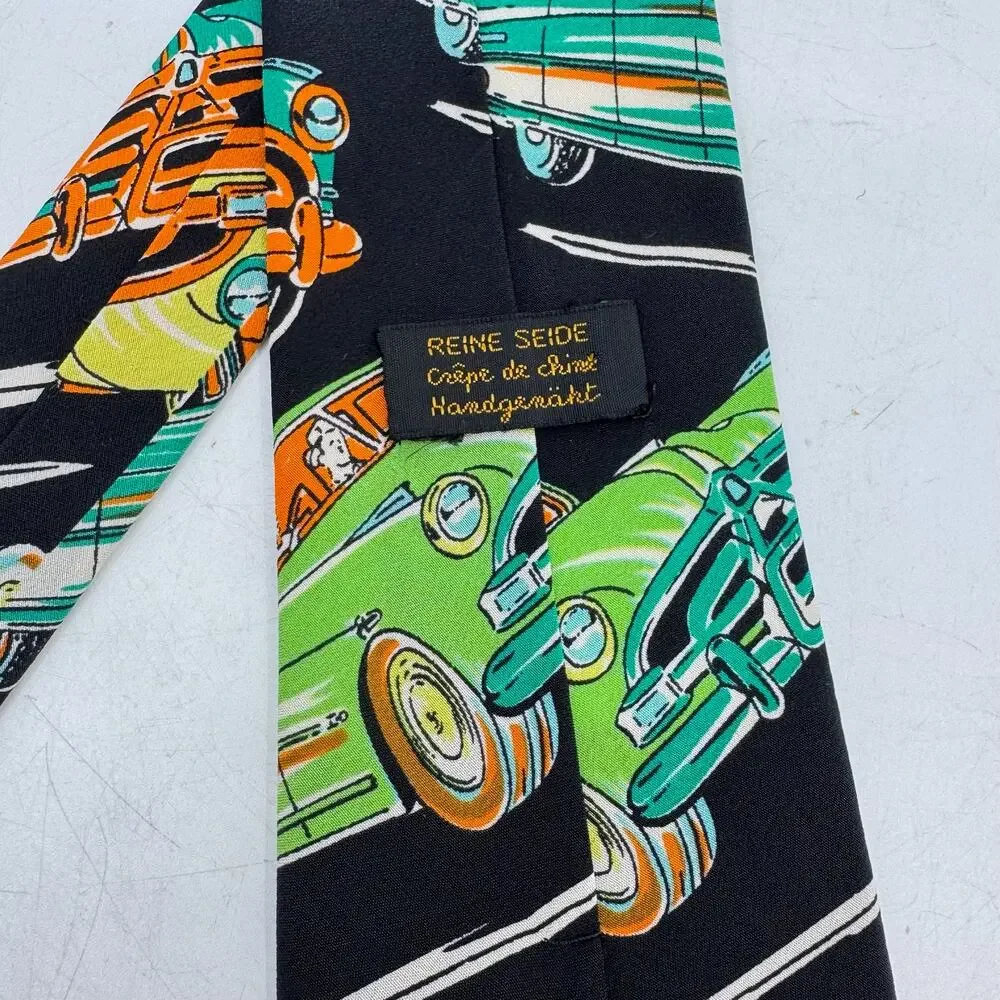 Vintage REINE SEIDE Classic Car Print Black Silk Neck Tie